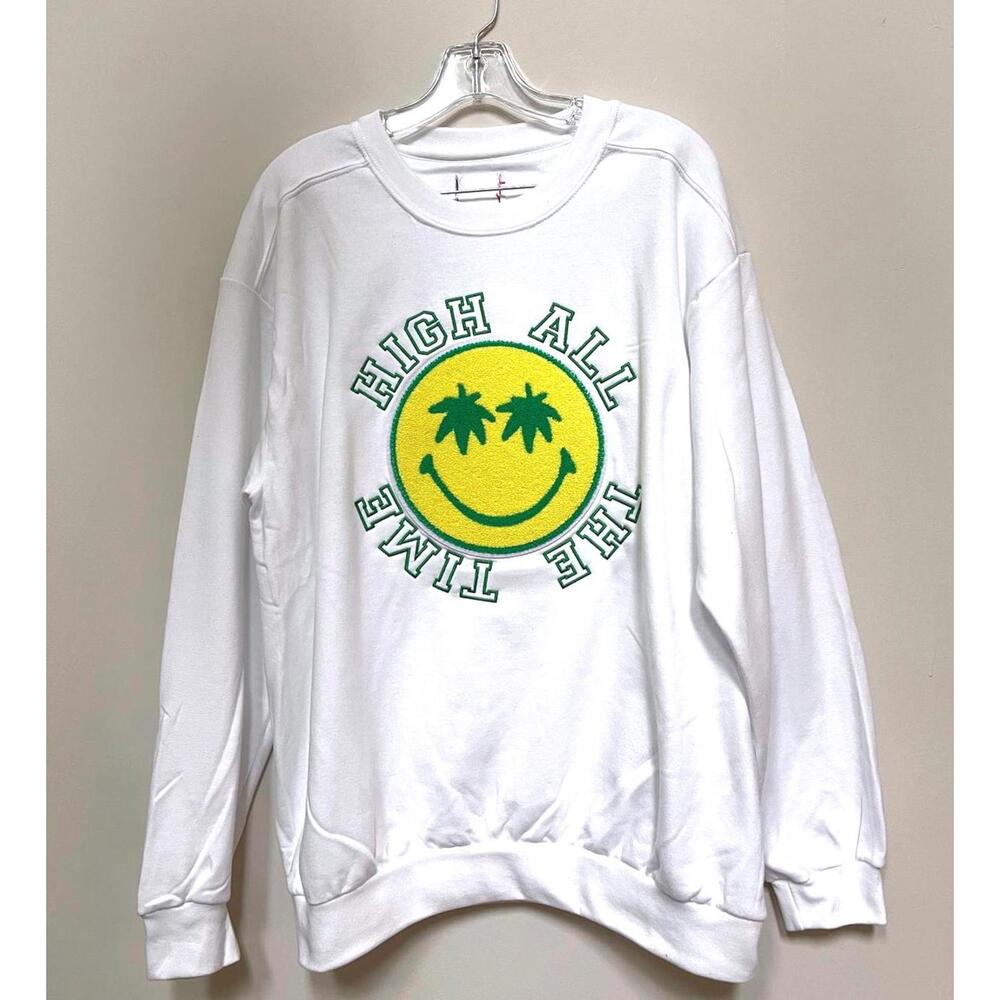 High Sweatshirt Mens Large Crew Neck Smiley White Pullover